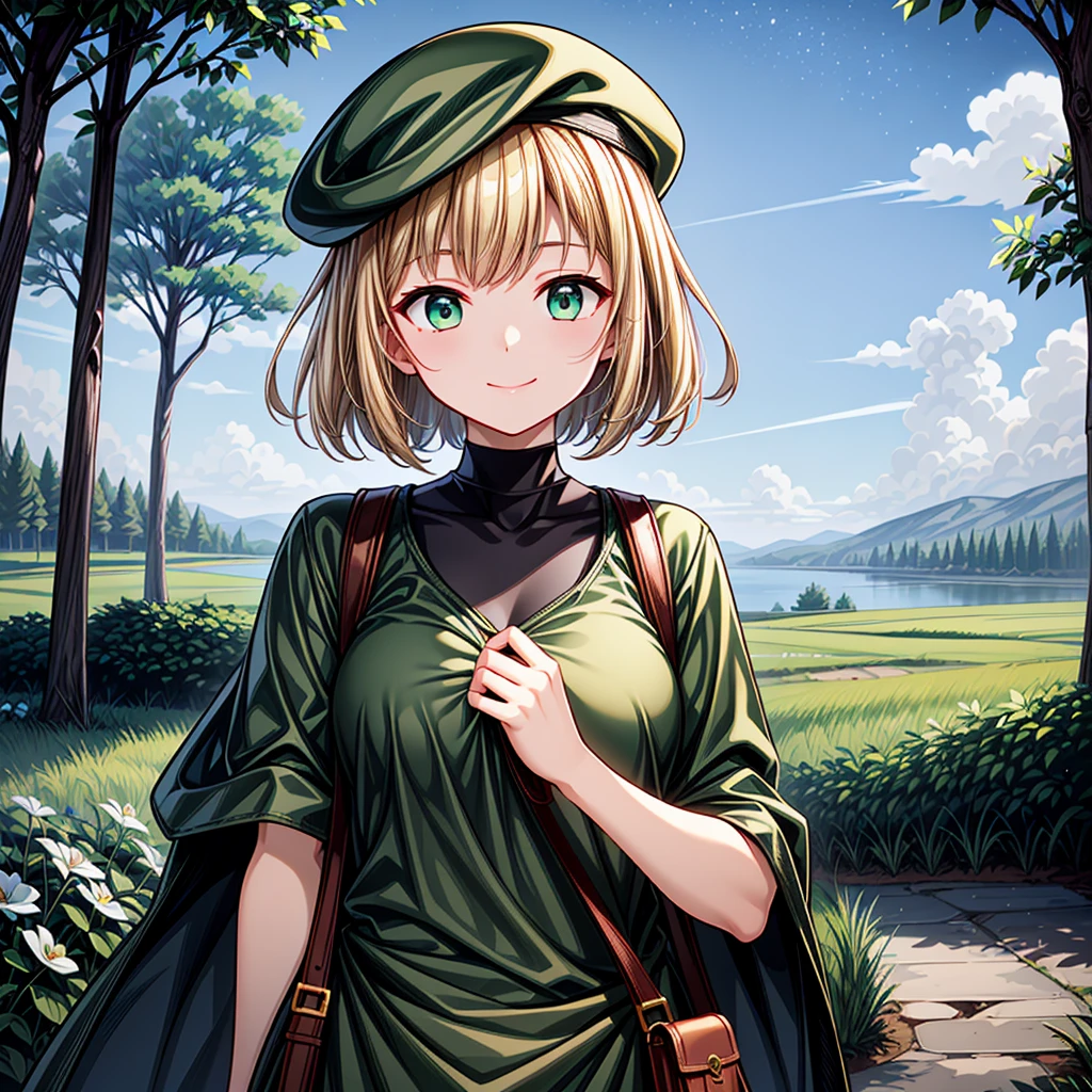 ((masterpiece)), ((Highest quality)), ((1girl)), ((solo focus)), upper body, from front, ((Golden blonde bob cut)), ((Bangs)), ((A cute woman with large, deep green eyes)), (Beautifully detailed eyes), ((Green hunting hat)), ((A loose green poncho)), (Beautifully detailed clothes), (Brown backpack), (Wearing black spats), bright personality, ((light smile)), ((Super detailed)), ((Night Sky)), lake, grassland, Flowers, Western, Otherworldly fantasy, (アニメ:1.1)