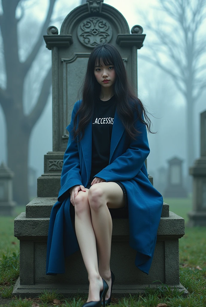 1 Japanese woman,,long hair,a black short-sleeved shirt that says Lacessis,Blue coat,black shorts,black high heels,sitting on a stone chair and there is a tombstone that says Lachesis