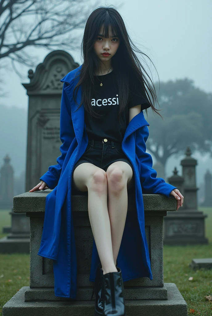 1 Japanese woman,Age 16,long hair,a black short-sleeved shirt that says Lacessis,Blue coat,black shorts,black high heels,sitting on a stone chair and there is a tombstone that says Lachesis