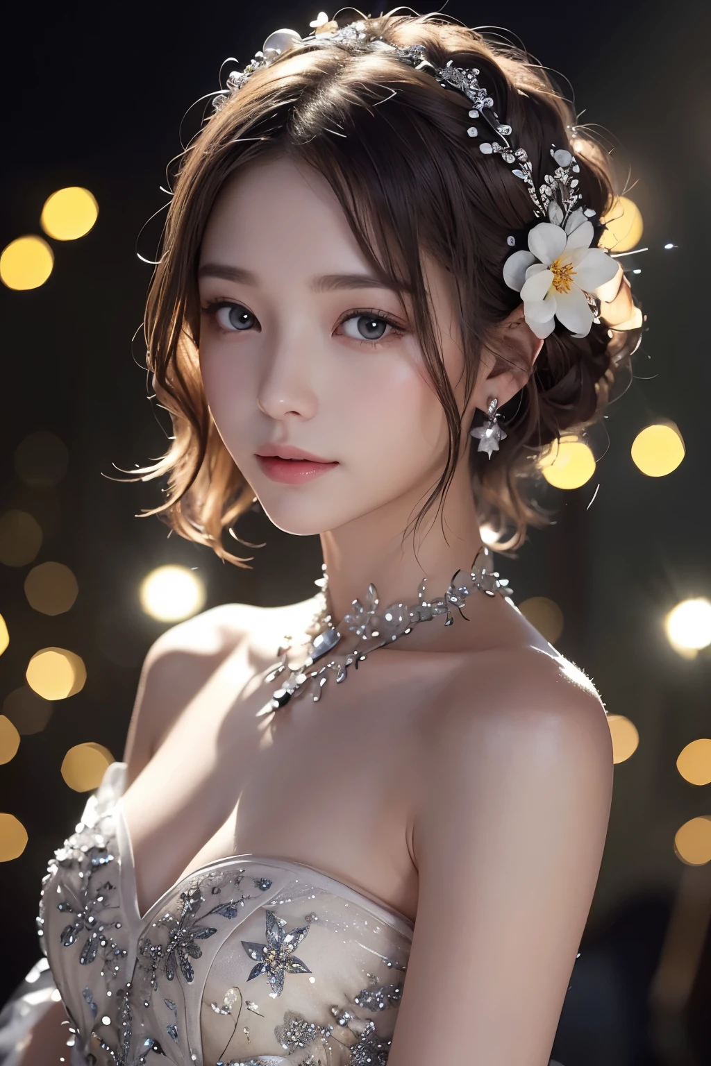  Highest quality, masterpiece, Ultra-high resolution、Photorealistic、Beautiful woman、Detailed and realistic eyes and skin、Silver-brown shorthair、Small flower hair ornament、Subtle accessories、A Little Smile、A gorgeous dress with delicate embellishments、Small Bust、Slender body、Cinematic and beautiful lighting、A flower garden in a cave、Flowers blooming across a dark space々The brilliance、Numerous small spotlights on a dark wall、countless small, snow-like, luminous insects flying、Light and dark emphasis、Fantastic beauty、