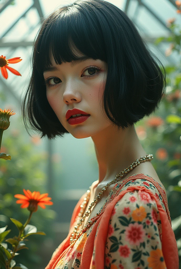 Edit Photos,Highly detailed background,Ultra-realistic,Double exposure,Depth of written boundary,Beauty Ultra Slender Skinny Vibe,Soft Focus Tone,Story Scene,Acrylic paint,Multi-layer structure,In Multi-pattern Multiform greenhouse,Crimson lips open,Multi-pattern,Multiform,Extremely close-up portrait photograph,Retro wabi-sabi old clothes,Very short bob-cut hair,Recall,