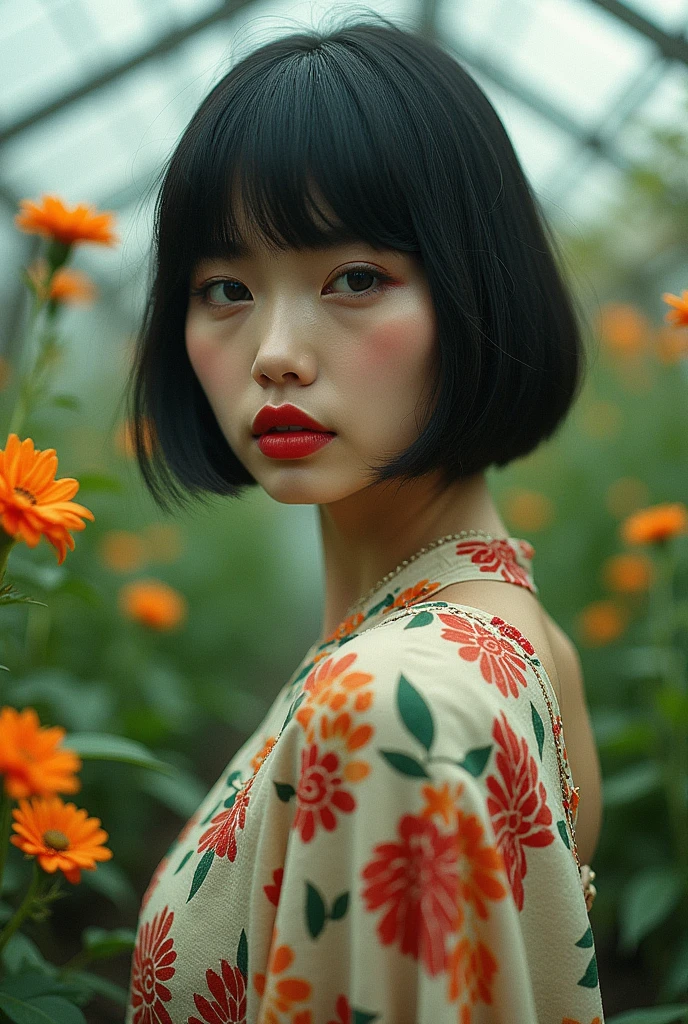 Edit Photos,Highly detailed background,Ultra-realistic,Double exposure,Depth of written boundary,Beauty Ultra Slender Skinny Vibe,Soft Focus Tone,Story Scene,Acrylic paint,Multi-layer structure,In Multi-pattern Multiform greenhouse,Crimson lips open,Multi-pattern,Multiform,Extremely close-up portrait photograph,Retro wabi-sabi old clothes,Very short bob-cut hair,Recall,