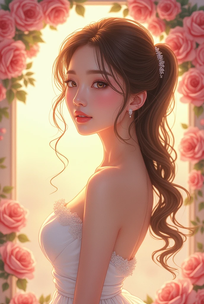 masterpiece、highest quality、High resolution、high quality images、8k, 1 female、skin luster、Texture of skin and clothing、Expression of fine eyes、Shiny latte colored hair,long hair girl, Manga inspired by Lee Jong-suk, trending on deviantart, Realism, detailed manga style, manga art style, perfect line drawing, beautiful line drawing, digital manga art girl, K-POPアイドル, dress, beautiful pink eyes, plump lips, detailed gorgeous face, (cute smile), charm, innocent, Side view, (perfectly detailed face), (fine hands) photorealistic images, Depth of written boundary, half up hairstyle, White wedding dress,at the wedding,association, evening,lots of roses,Bikini Swimwear、Thighs、Butt、smile、Open your mouth、ponytail、On all fours