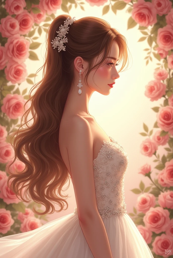 masterpiece、highest quality、High resolution、high quality images、8k, 1 female、skin luster、Texture of skin and clothing、Expression of fine eyes、Shiny latte colored hair,long hair girl, Manga inspired by Lee Jong-suk, trending on deviantart, Realism, detailed manga style, manga art style, perfect line drawing, beautiful line drawing, digital manga art girl, K-POPアイドル, dress, beautiful pink eyes, plump lips, detailed gorgeous face, (cute smile), charm, innocent, Side view, (perfectly detailed face), (fine hands) photorealistic images, Depth of written boundary, half up hairstyle, White wedding dress,at the wedding,association, evening,lots of roses,Bikini Swimwear、Thighs、Butt、smile、Open your mouth、ponytail、On all fours