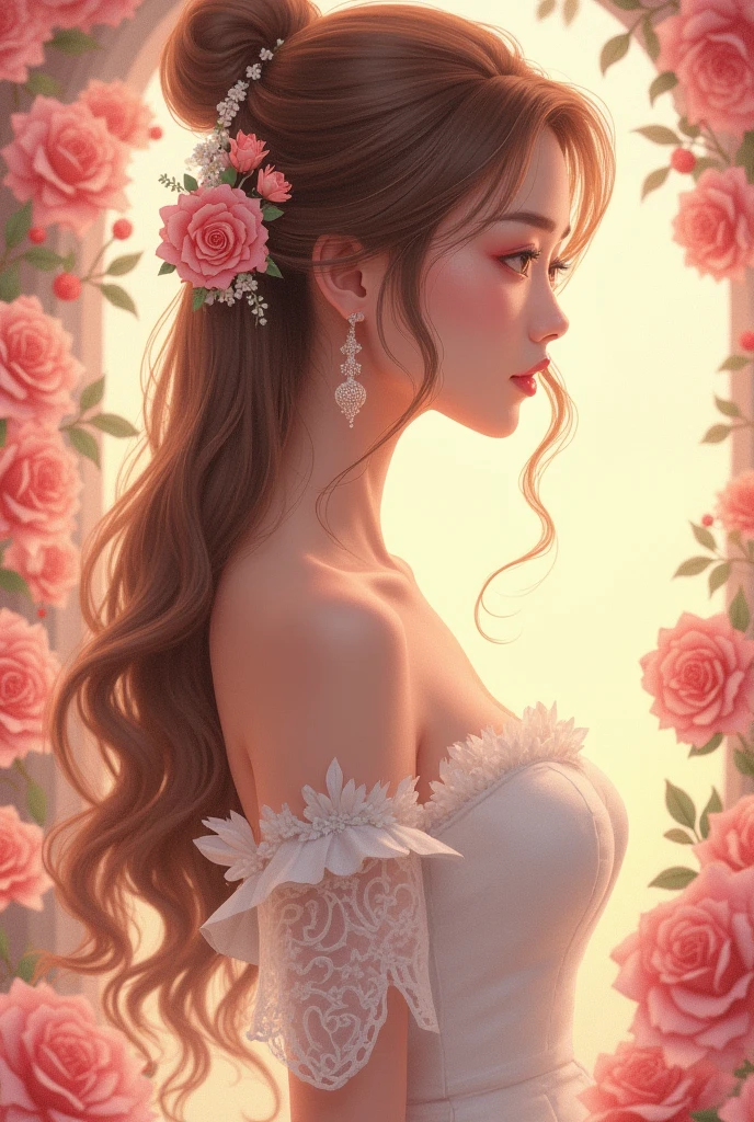 masterpiece、highest quality、High resolution、high quality images、8k, 1 female、skin luster、Texture of skin and clothing、Expression of fine eyes、Shiny latte colored hair,long hair girl, Manga inspired by Lee Jong-suk, trending on deviantart, Realism, detailed manga style, manga art style, perfect line drawing, beautiful line drawing, digital manga art girl, K-POPアイドル, dress, beautiful pink eyes, plump lips, detailed gorgeous face, (cute smile), charm, innocent, Side view, (perfectly detailed face), (fine hands) photorealistic images, Depth of written boundary, half up hairstyle, White wedding dress,at the wedding,association, evening,lots of roses,Bikini Swimwear、Thighs、Butt、smile、Open your mouth、ponytail、On all fours