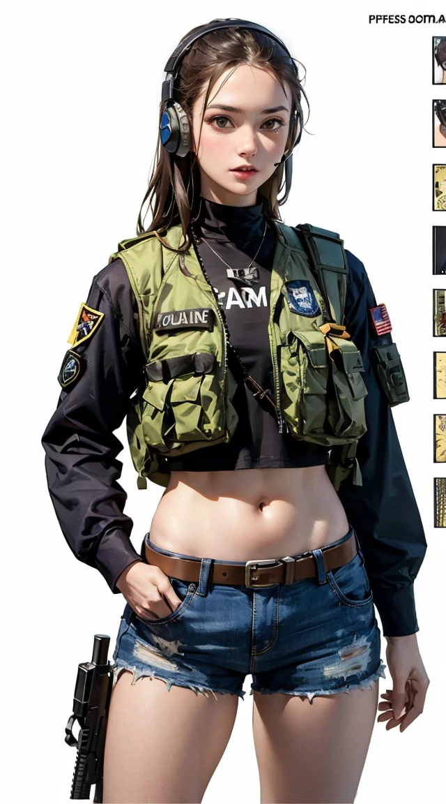 One girl, alone, Long Hair, Brown Hair, Black Hair, belly button, Holding, arms, Shorts, abdomen, Holding arms, gun, army, Headphones, Holding gun, rifle, handgun, headset, Realistic, assault rifle, Camouflage, M4 carbine, Load-bearing vest,Wearing epTactical Handsome female sniper,Very professional character design BOM,Professional Checklist,detail list,exploded view