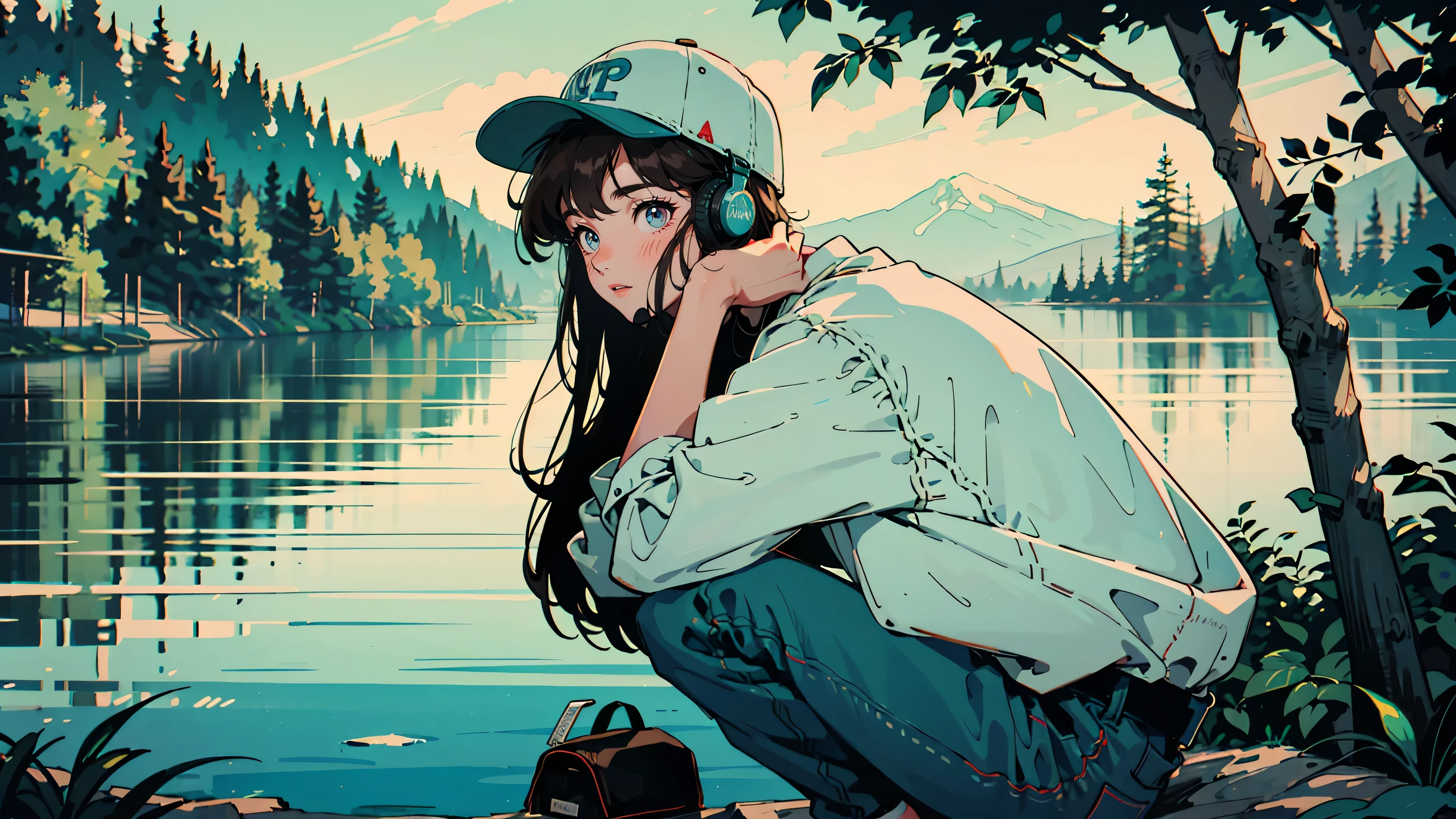 Young woman in scenic nature, listening to chill playlist. She is in the center of the image. Overlooking serene lake surrounded by lush green forests. She wears a white sweatshirt, blue baseball cap, and black jeans. Large headphones on, adjusting with one hand. She's looking at viewers. Long brown hair visible under cap. Casual, relaxed pose. Foreground shows some leafy plants. Background: tranquil water and tree-covered hills. Soft, natural lighting. Use various colors.
