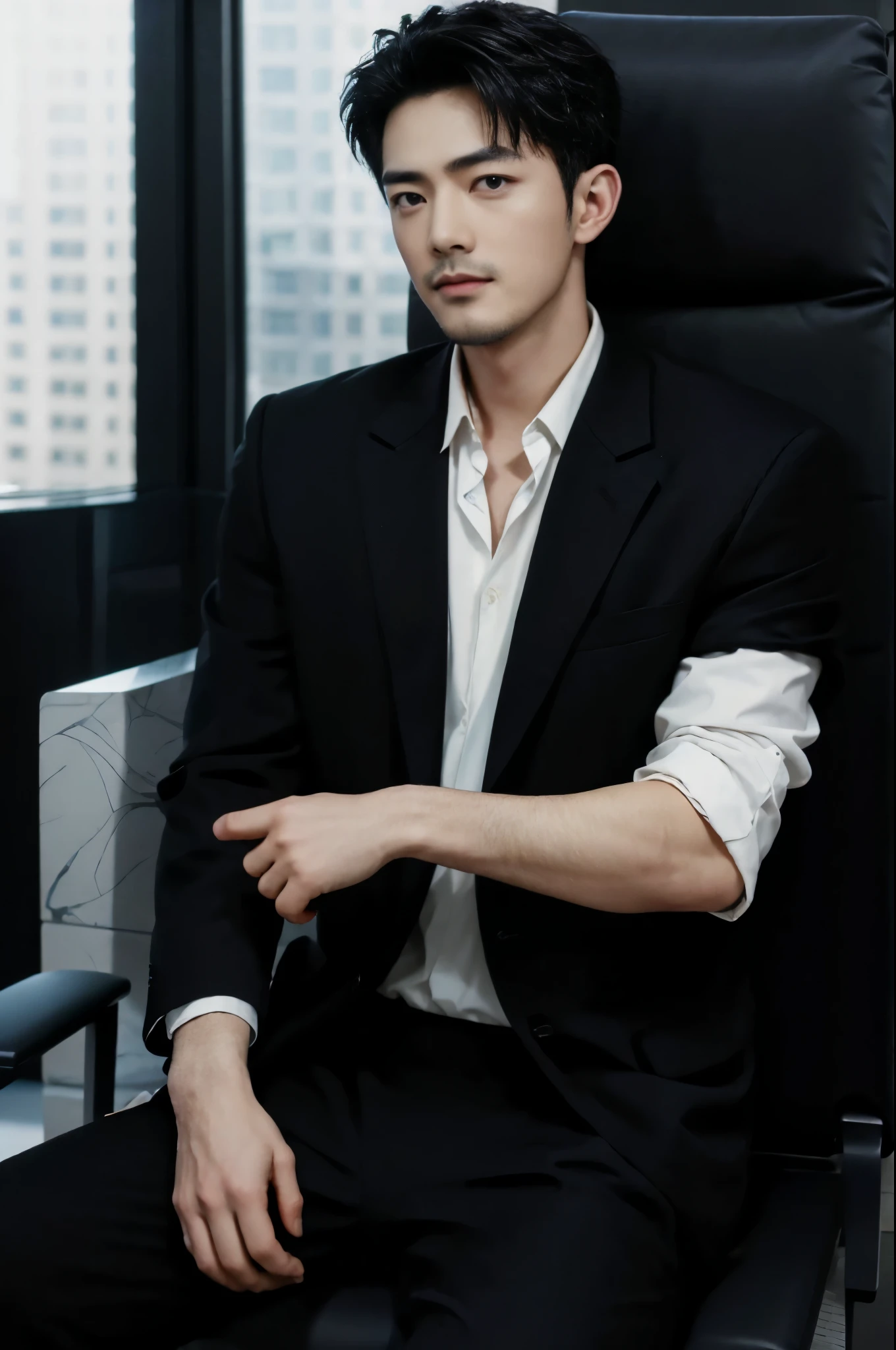man,Handsome,Sitting position,Suit,Trousers,shirt,tie(Delicate eyes:1.3),black eyes,whole body,Goatee,office,Boss chair