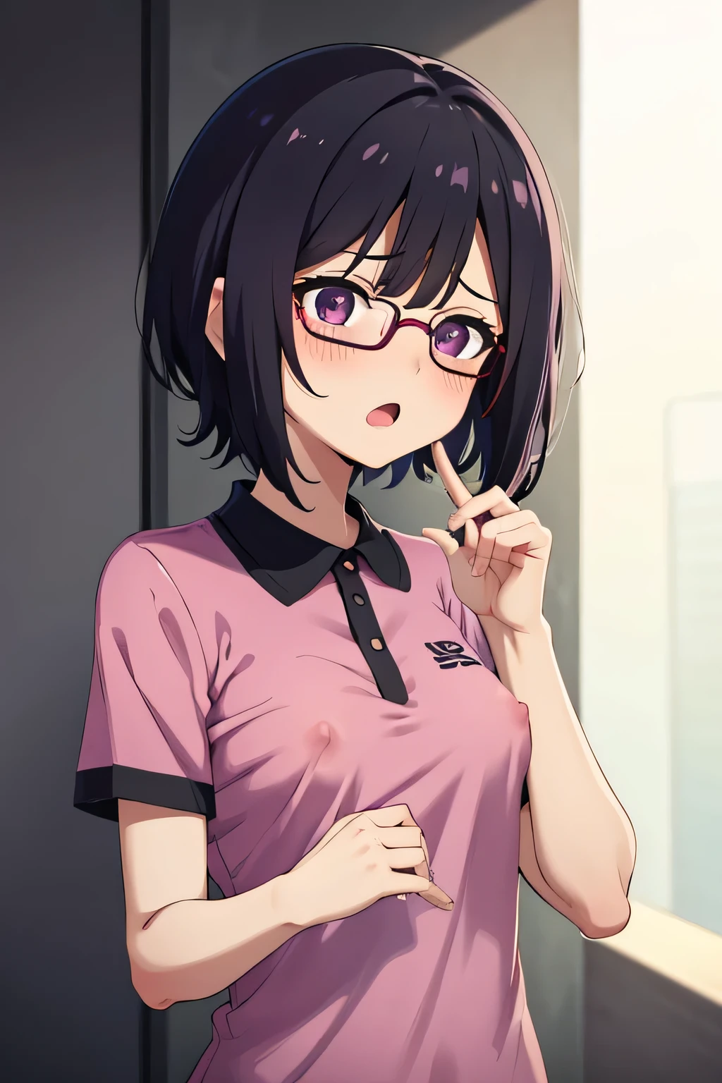 1. Female Nipple Magenta Polo Shirt, short hair, Small breasts, Embarrassing, beautiful指, Shyness, worries, Black Hair, black eye, hospital, beautiful, cute, high quality, Short sleeve, Open Mouth Glasses Perfect Hands