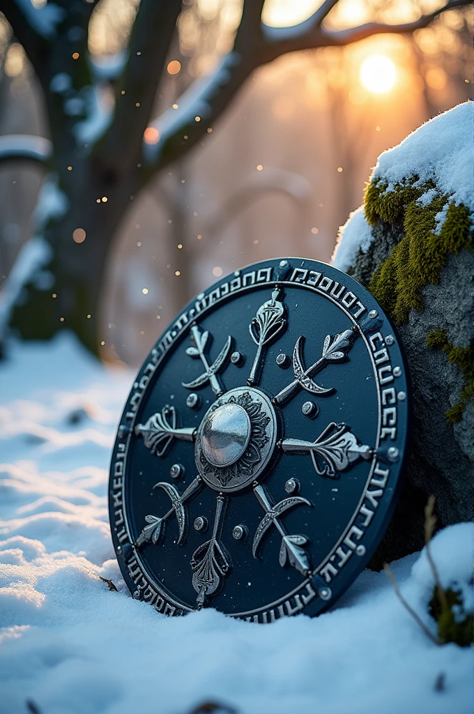 Create a black Viking shield on the snow and leaning against a rock, with an enchanted forest in the background 