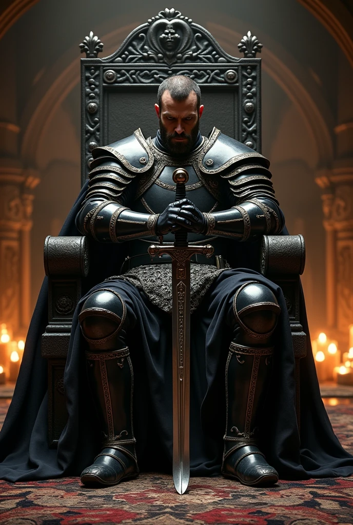 an emperor in armor sitting on a throne while his hands are on the hilt of a sword facing the ground, like Game of Thrones 