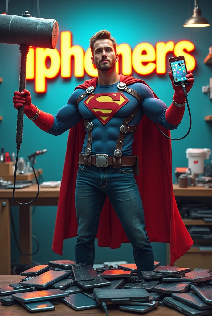 (Photorealism), (realistic) A humorous scene of a superhero-themed iPhone repairman standing in a repair shop. The repairman is dressed in a superhero outfit with a cape made of phone cables, holding a giant screwdriver like Thor's hammer in one hand, and a perfectly repaired glowing iPhone in the other. The background features a cartoon-style repair shop with exaggerated oversized tools and broken iPhones scattered around. The repairman stands triumphantly over a pile of broken phones, giving off a confident and victorious vibe. The company name 'iphoners' is clearly visible in bold, playful lettering, either on a sign in the background or as part of the scene."