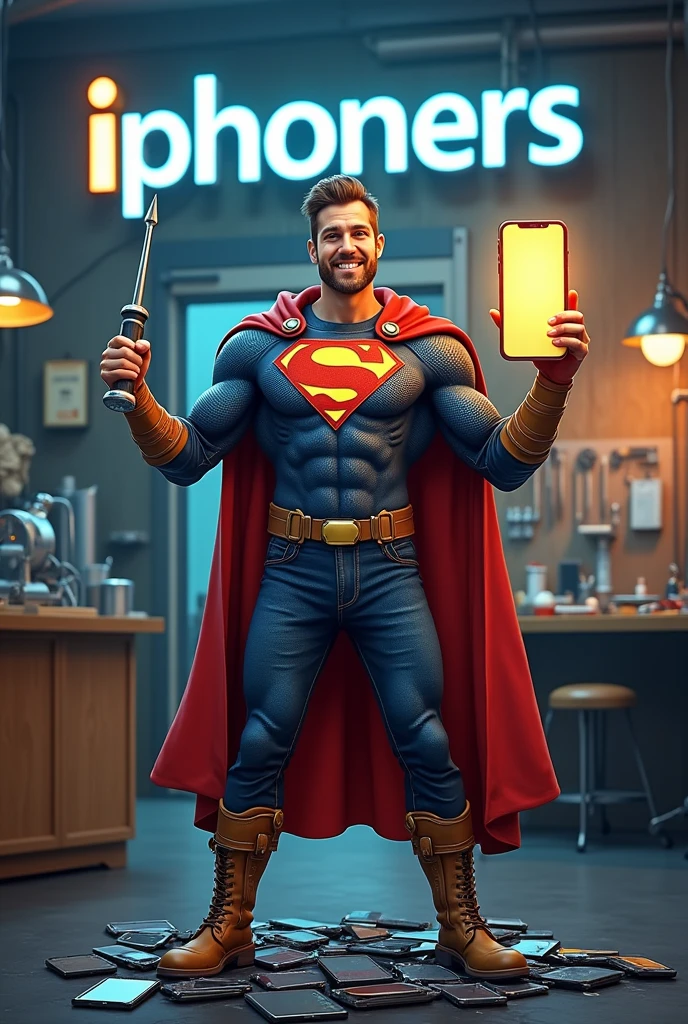 (Photorealism), (realistic) A humorous scene of a superhero-themed iPhone repairman standing in a repair shop. The repairman is dressed in a superhero outfit with a cape made of phone cables, holding a giant screwdriver like Thor's hammer in one hand, and a perfectly repaired glowing iPhone in the other. The background features a cartoon-style repair shop with exaggerated oversized tools and broken iPhones scattered around. The repairman stands triumphantly over a pile of broken phones, giving off a confident and victorious vibe. The company name 'iphoners' is clearly visible in bold, playful lettering, either on a sign in the background or as part of the scene."
