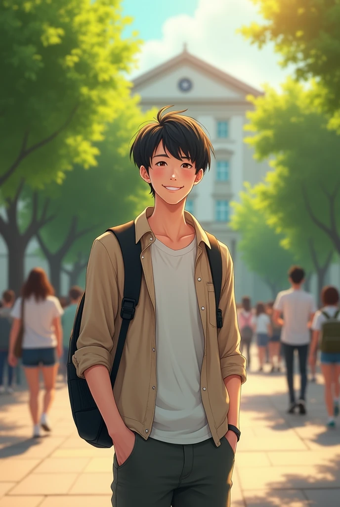 Really, Realistically, Movie quality, Super Detail, Great quality, Super HD, Ordinary male college student, asian boy, Short black hair, Casual clothing, smile, The face was full of joy, Sunshine Boys