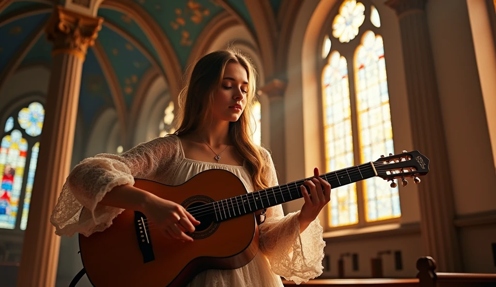 ((best quality)), ((masterpiece)), (detail), perfect face, panoramic photo of a young russian woman playing guitar in a church, church scene with intricate details, shimmering and magical light, surreal photo, 8k, ultra high resolution, sharp face