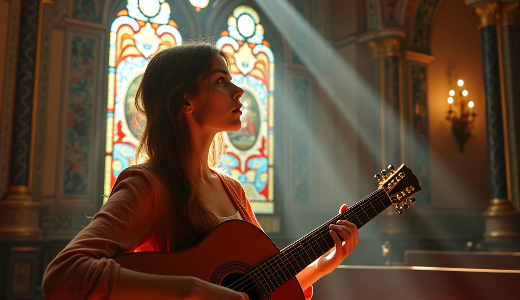 ((best quality)), ((masterpiece)), (detail), perfect face, panoramic photo of a young russian woman playing guitar in a church, church scene with intricate details, shimmering and magical light, surreal photo, 8k, ultra high resolution, sharp face