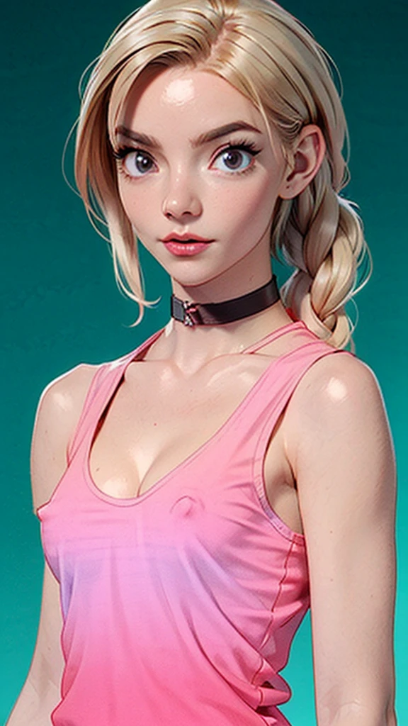 one girl, solo, abs, slender body, (upper body, bust:1.2), (black eyes:1.3), blonde hair, two cute braids, (bare shoulders:1.2), masterpiece, highly detailed, look at viewer, front view, (small breasts, tiny breasts, male chest, exposed breasts, deep cleavage:1.5), (transparent tank top, choker:1.4), (studio lights, blured background, glowing edges of image, shiny blured background, gradient sprayed background, colorful background:1.3), expressing joy, nipples