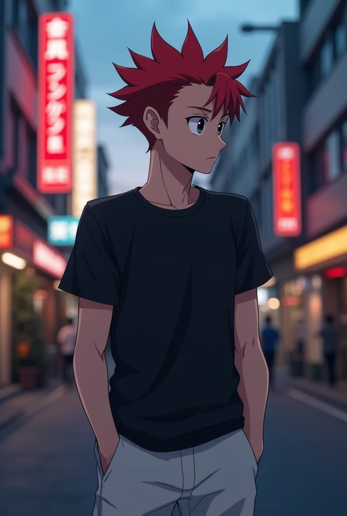 skinny man,white,corte de pelo modern mullet color rojo hojos negros ojeras en los hojos polera negra pantalon white de escuela anime