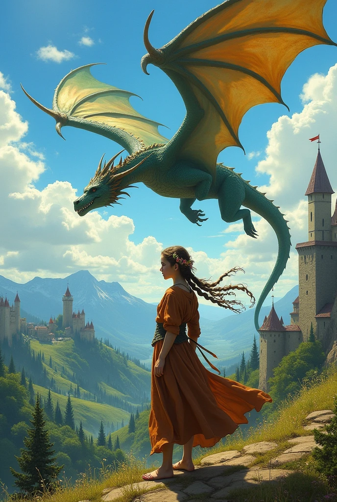 A GIRL IN THE MIDDLE AGES WITH A DRAGON FLYING IN THE BACKGROUND LIKE IN THE SKYRIM VIDEO GAME