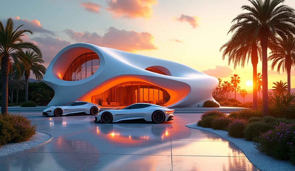 futuristic rich billionaire modern house, futuristic rich billionaire modern colorful two cars, futuristic rich billionaire modern big garden, realistic view, realistic sky, sun reflection, uncommon and unique, realistic shadow, realistic shader, dynamic lighting, sunset,