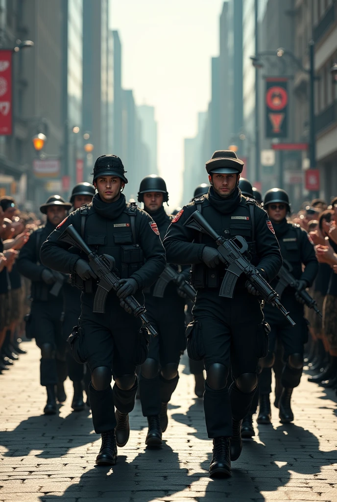 Russian Special forces marching at a city