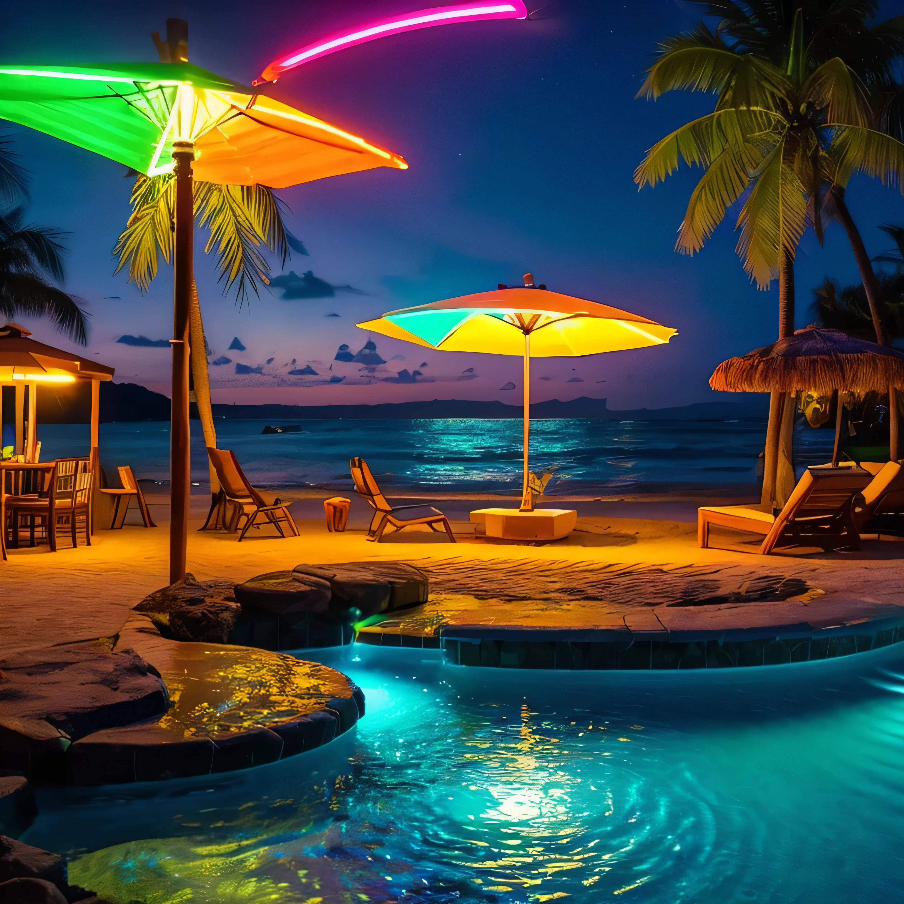 this design project is、aims to capture the vibrant and relaxed atmosphere of a summer beach vacation illuminated by neon lights。. a fusion of natural beauty and modern aesthetics.
at the heart of this piece lies the beautiful coastal scenery of twilight。, Golden sandy beaches, Calm waves, And the glowing sunset. palm trees adorned with neon lights line the beach, colorful casting, fantastical glow spreading around.
In the foreground, refreshing tropical juices and cocktails take center stage. glass gleams with neon accents, creates an alluring and Instagram-worthy look. This design element is called、adds luxury and relaxation to the scene.
neon lights are strategically placed to create a visually pleasing composition. outlines the palm leaves, tracing the gentle curves of the waves, highlights the contours of tropical drinks. the neon light colors harmonize with the natural colors of the beach, exudes a captivating and dreamlike atmosphere.
The overall effect is、a captivating and immersive work of art that takes the viewer to a magical beachside paradise。. an invitation to relaxation, enjoying tropical drinks, enjoy the beauty of nature under the captivating glow of neon lights.
this design concept is々applicable to various media, from digital art to physical installations, can also be used in marketing campaigns that evoke the perfect summer vacation vibe。. a visual delight where natural beauty and contemporary design merge.