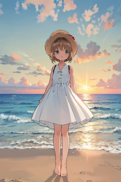 High resolution backgrounds,Beautiful background,anime, cute,Sunset on the beach,The big sun setting on the horizon,9-year-old girl,White summer dress with straps,Chestnut Hair,Short Bob Hair,barefoot,Happy expression,Green Eyes,White straw hat,Lens flare,The hem of a skirt being blown up by the wind