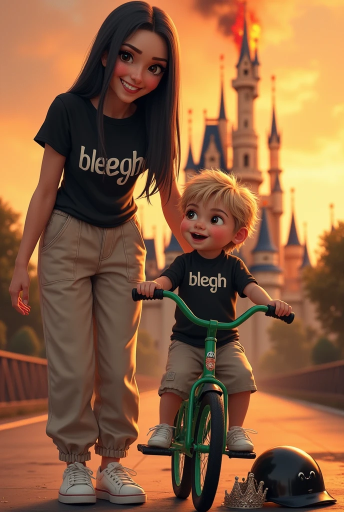 

kag:
Create a picture in disney style

Mom who likes metal, brown eyes, pale skin, heavily mascaraed eyelashes, no jewelry, long black straight hair, black shirt with the inscription "blegh" , beige baggy (not high waist) , white sneakers. Smiles at her blonde 3 year old son. There is , brown eyes, loves his green bike. Black helmet
In the background the Disney castle is burning. A crown lies broken on the floor