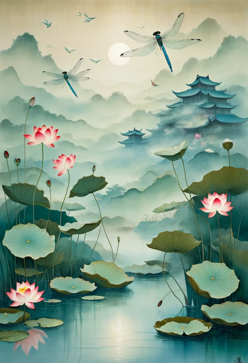 An ancient Chinese poem"There is no lotus blooming, in early puberty, Dragonflies are flying above." is a poetic masterpieceWiththe rhythm of the water as its quideIt sails into the night,side by side.The use of light greensoft blue, tinted in Chinese redand muted earth tones creates a harmonious balanceDepicted in The Song Dynastystyle(960-1279),