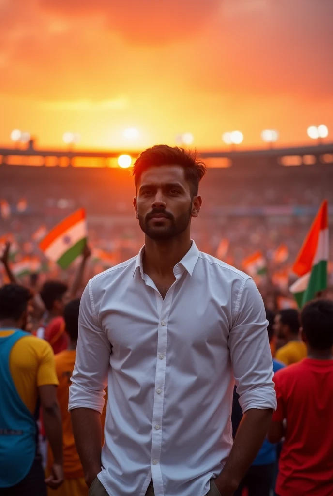 35 years old man wearing white shirt full hand standing in crowd of Indian people in stadium reddish dramatic evening sunset