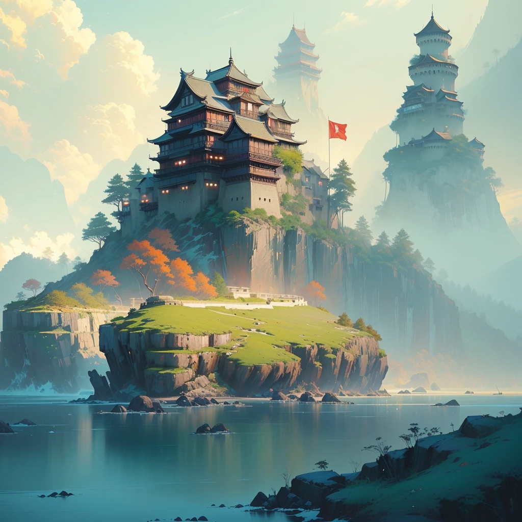 There is a small island,上面有建筑遗迹 author Raymond Han, A beautiful artistic illustration, Feiyun Castle, author Ryan Yee, Andreas Rocha style, Ross Chen. Landscape background, Inspired by Andreas Rocha, Epic painting of the island, Beautiful Numbers, author:Alexander Jean, Andreas Rocha's style