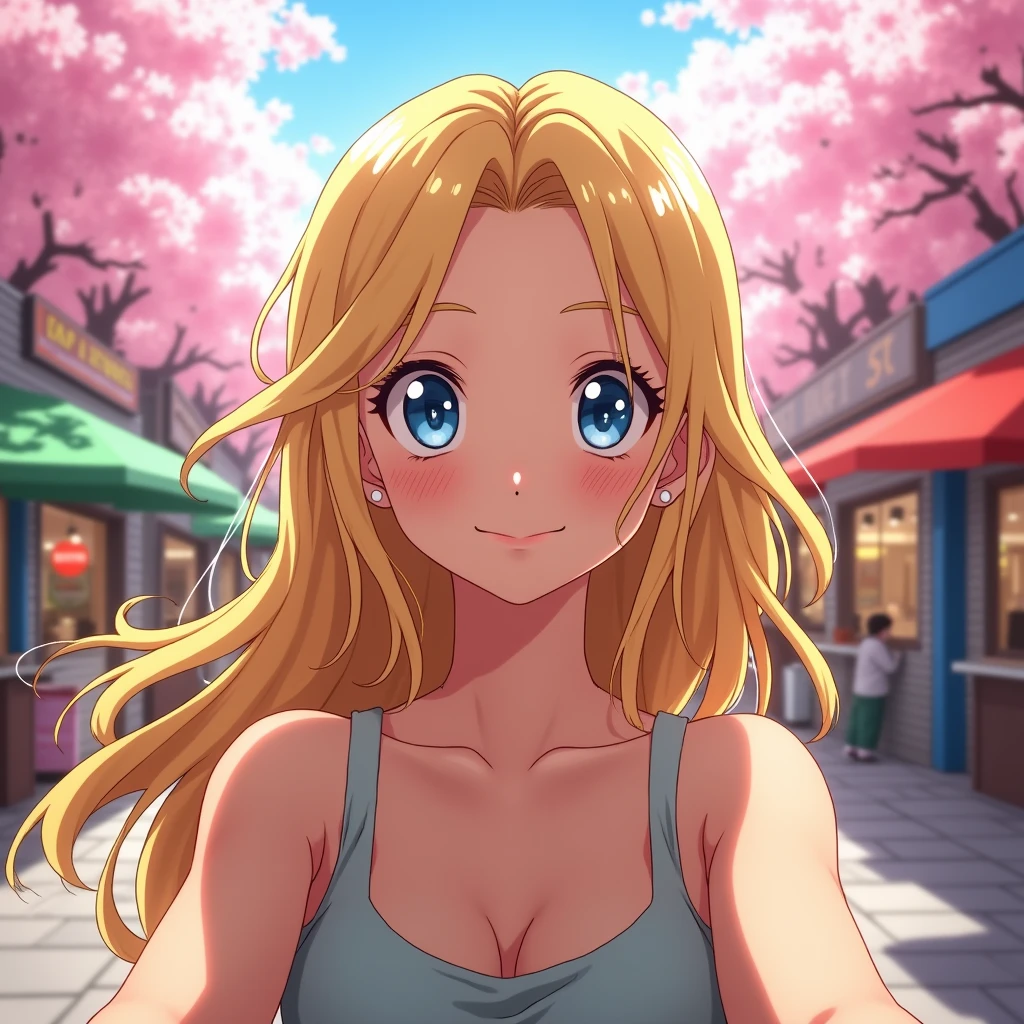 My animation of a , this animation is in anime format and she is blonde with blue eyes, A YOUNG WOMAN OF AROUND 20 SHOWS THIS ENTIRE BODY, THIS GIRL HAS FULL BREASTS AND THE BODY OF A MATURE WOMAN, SHE IS TAKING A SELFIE