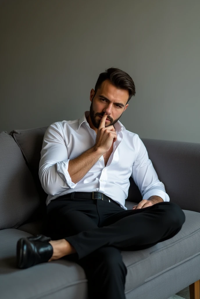 Man in a white shirt and black pants sitting on a sofa in a gray room,Sitting relaxed, his hand touching his right leg and the other hand with his thumb in his mouth with a seductive look and opening his mouth slightly and smiling sideways without opening his mouth,looking towards mu