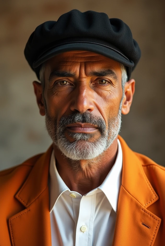 (best quality, 4k,8k, high, masterpiece: 1.2), very detailed, (realistic, photorealistic cartoon, photo-realistic: 1.37), 56 year old man, Muslim, wearing a black cap, white shirt, white striped jacket orange, wearing a black cap, detailed eyes, detailed lips, mature man, serious expression, natural atmosphere, studio lighting, bright colors, soft sunlight, sparkling eyes, warm skin tone, sharp focus, medium: oil painting, features Handsome features, casual clothes, confident posture, cool design