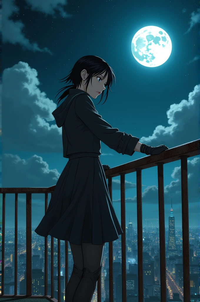 Iwakura Lain wearing clothings that are from anime opening at the end is clenching fences of the rooftop, staring at the fourth-wall in concern in the middle of the night with moonlight shone