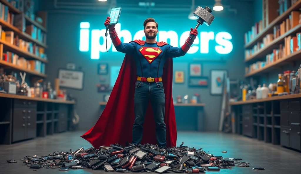 (Photorealism), (realistic) A humorous scene of a superhero-themed iPhone repairman standing in a repair shop. The repairman is dressed in a superhero outfit with a cape made of phone cables, holding a giant screwdriver like Thor's hammer in one hand, and a perfectly repaired glowing iPhone in the other. The background features a cartoon-style repair shop with exaggerated oversized tools and broken iPhones scattered around. The repairman stands triumphantly over a pile of broken phones, giving off a confident and victorious vibe. The company name 'iphoners' is clearly visible in bold, playful lettering, either on a sign in the background or as part of the scene."
