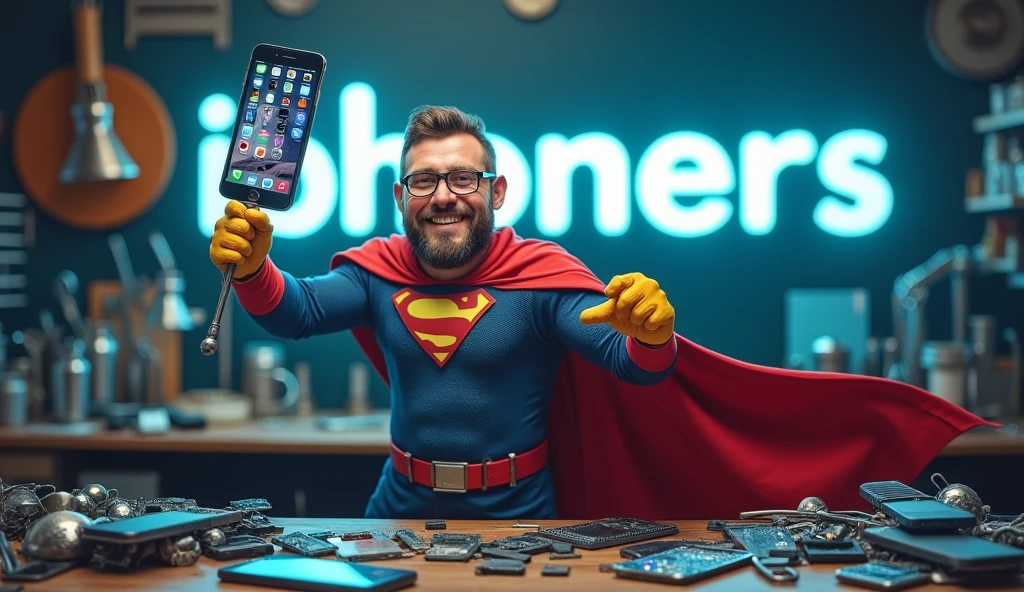 (Photorealism), (realistic) A humorous scene of a superhero-themed iPhone repairman standing in a repair shop. The repairman is dressed in a superhero outfit with a cape made of phone cables, holding a giant screwdriver like Thor's hammer in one hand, and a perfectly repaired glowing iPhone in the other. The background features a cartoon-style repair shop with exaggerated oversized tools and broken iPhones scattered around. The repairman stands triumphantly over a pile of broken phones, giving off a confident and victorious vibe. The company name 'iphoners' is clearly visible in bold, playful lettering, either on a sign in the background or as part of the scene."
