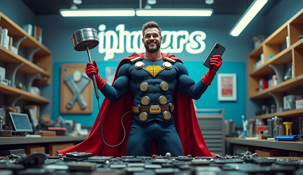 (Photorealism), (realistic) A humorous scene of a superhero-themed iPhone repairman standing in a repair shop. The repairman is dressed in a superhero outfit with a cape made of phone cables, holding a giant screwdriver like Thor's hammer in one hand, and a perfectly repaired glowing iPhone in the other. The background features a cartoon-style repair shop with exaggerated oversized tools and broken iPhones scattered around. The repairman stands triumphantly over a pile of broken phones, giving off a confident and victorious vibe. The company name 'iphoners' is clearly visible in bold, playful lettering, either on a sign in the background or as part of the scene."