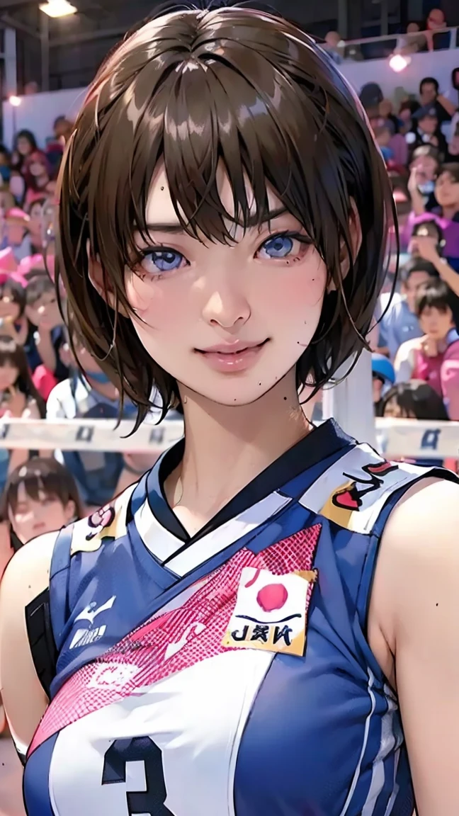 perfection、masterpiece、(Highest quality、High resolution:1.2)、 1 person、Beautifully detailed eyes、Beautiful pink lips、Highly detailed eyes and face、Bright colors、HDR、Studio Lighting、Ultra-fine painting、Sharp focus、Physically Based Rendering、Extremely detailed depiction、Moderate bust、perfectionな形、Facing the viewer、Sweat、smile、Volleyball Player、((Sleeveless Japanese national volleyball uniform))