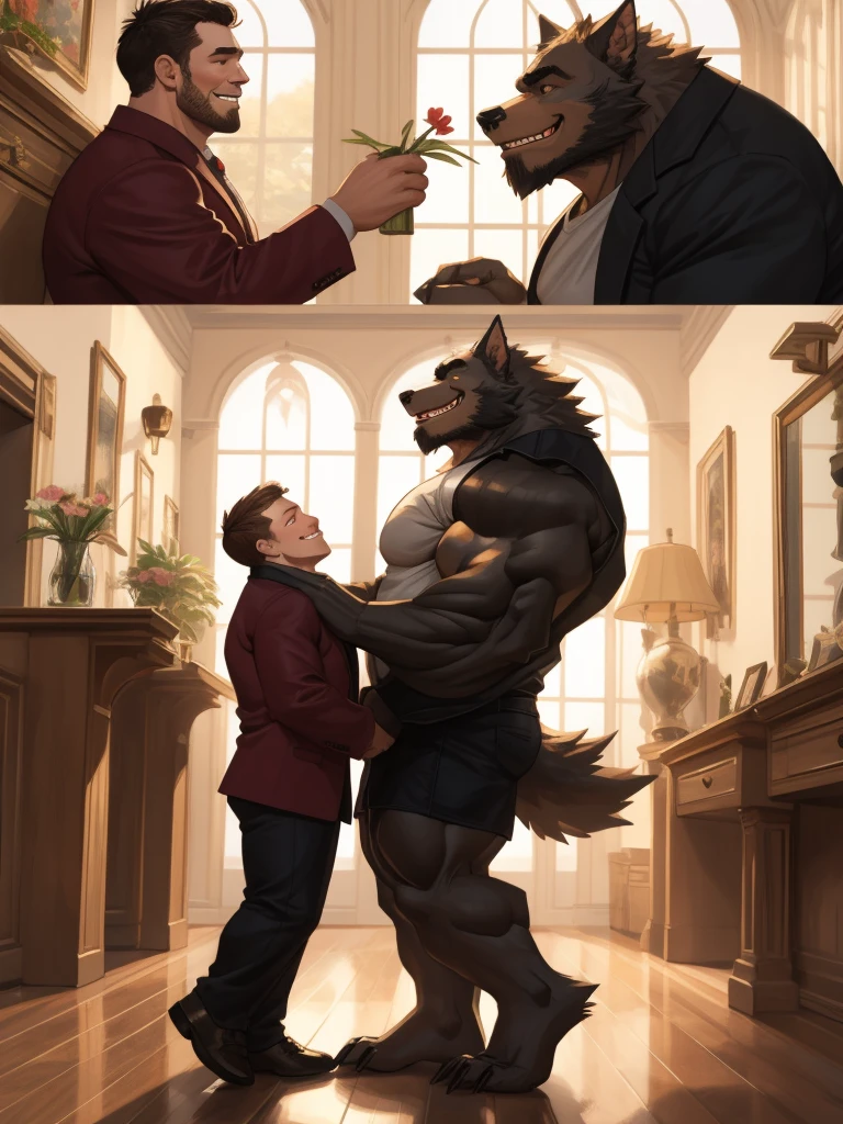 4K, detailed, soft color, Vintage images, highres, unparalleled masterpiece, absurdres, love story of human old man and giant huge Muscular Werewolf, pair, Height difference, Physical difference, perfect anatomy, smile, joyful, play with, smile, happy