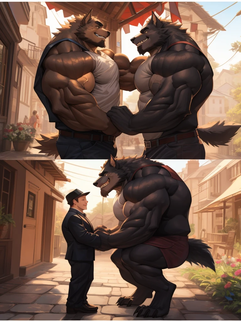 4K, detailed, soft color, Vintage images, highres, unparalleled masterpiece, absurdres, love story of human old man and giant huge Muscular Werewolf, pair, Height difference, Physical difference, perfect anatomy, smile, joyful, play with, smile, happy