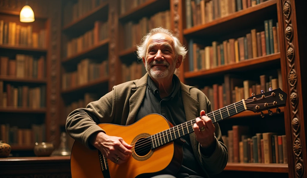 ((best quality)), ((masterpiece)), (detail), perfect face, panoramic photo of an elderly man playing guitar in an antique bookstore, bookstore scene with intricate details, shimmering and magical light, surreal photo, 8k, ultra high resolution, sharp face