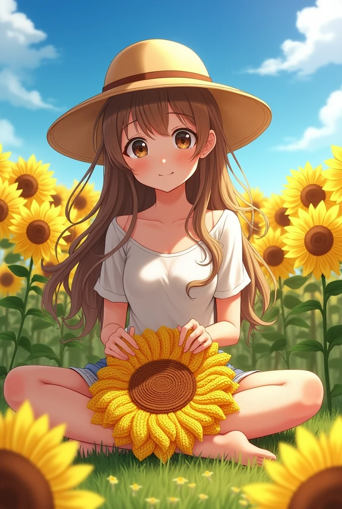 An anime girl with a straw hat looking at the sunflower crochet she is crocheting in a sunflower field 