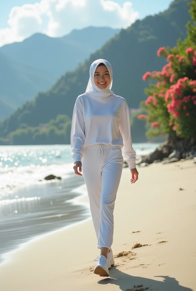 Glamor shot, beautiful Indonesian girl with white skin, well-groomed face, wearing a white hijab, walking on the beach, wearing a long-sleeved t-shirt, white Jordan sneakers, looks very happy. Mountain background full of roses, tulips, jasmine beautiful flowers photo original photo studio