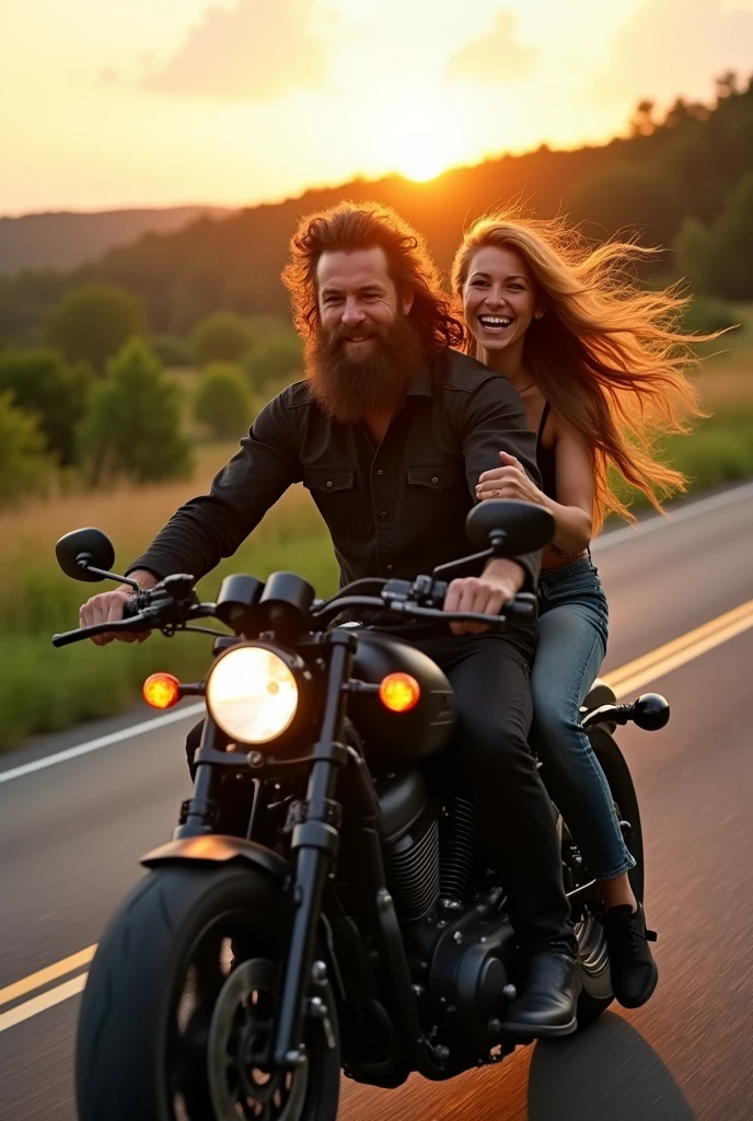 Hairy man with long brown hair riding a motorcycle and his long brown haired girlfriend on the back.