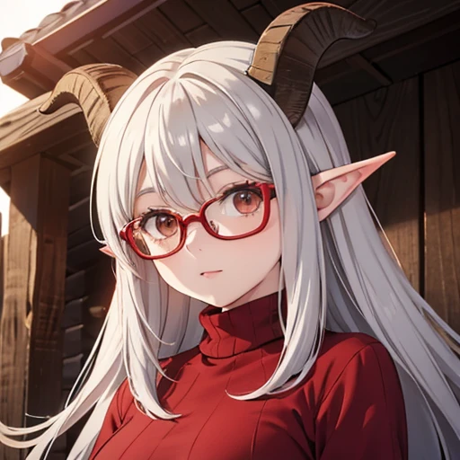 Age 35, Goat horns, Red-rimmed glasses, Gray hair, cute, Pointed Ears, Aunt, Masterpiece, Red turtleneck, Log House