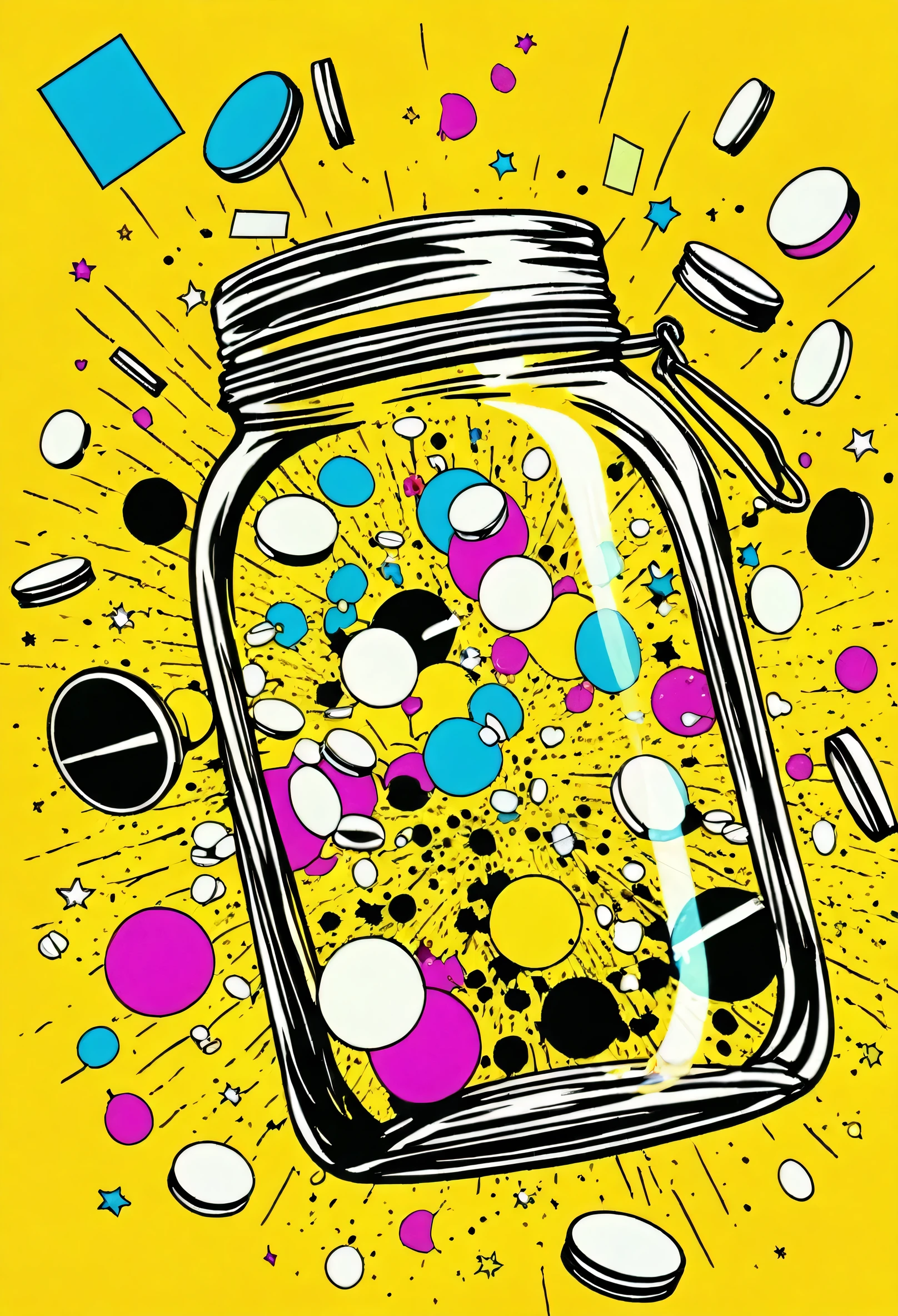 low quality、Pop Art、Transparent jar、Floating、diagonal、Drugs、Round tablets、round、Spill、Dancing in the air、Yellow background、The color is subtle.