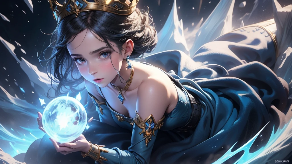 arafed woman in a blue dress with a crown on her head, emma watson as the queen of ice, unreal engine cinematic, 4 k cinematic epic, unreal engine render + a goddess, hyperrealism. fantasy 4k, fantasy style 8 k octane render, elegant cinematic fantasy art, unreal engine cinematic smooth, ultra detailed cinematic, highly detailed vfx portrait of, stunning vfx