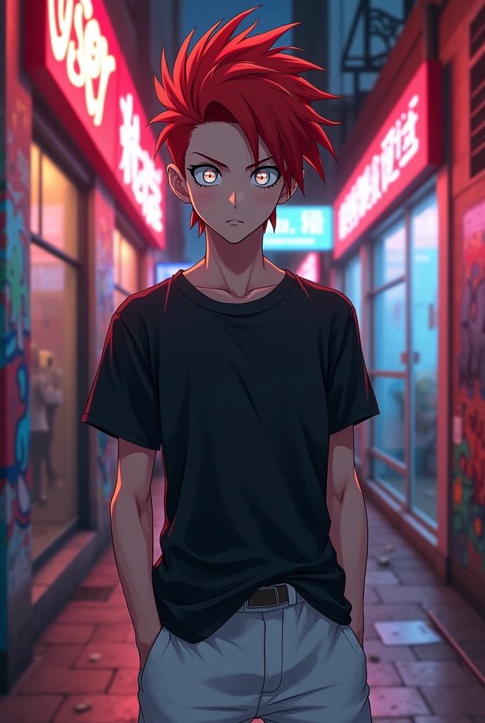 skinny man,white,corte de pelo modern mullet color rojo hojos whites ojeras en los hojos polera negra pantalon white de escuela anime