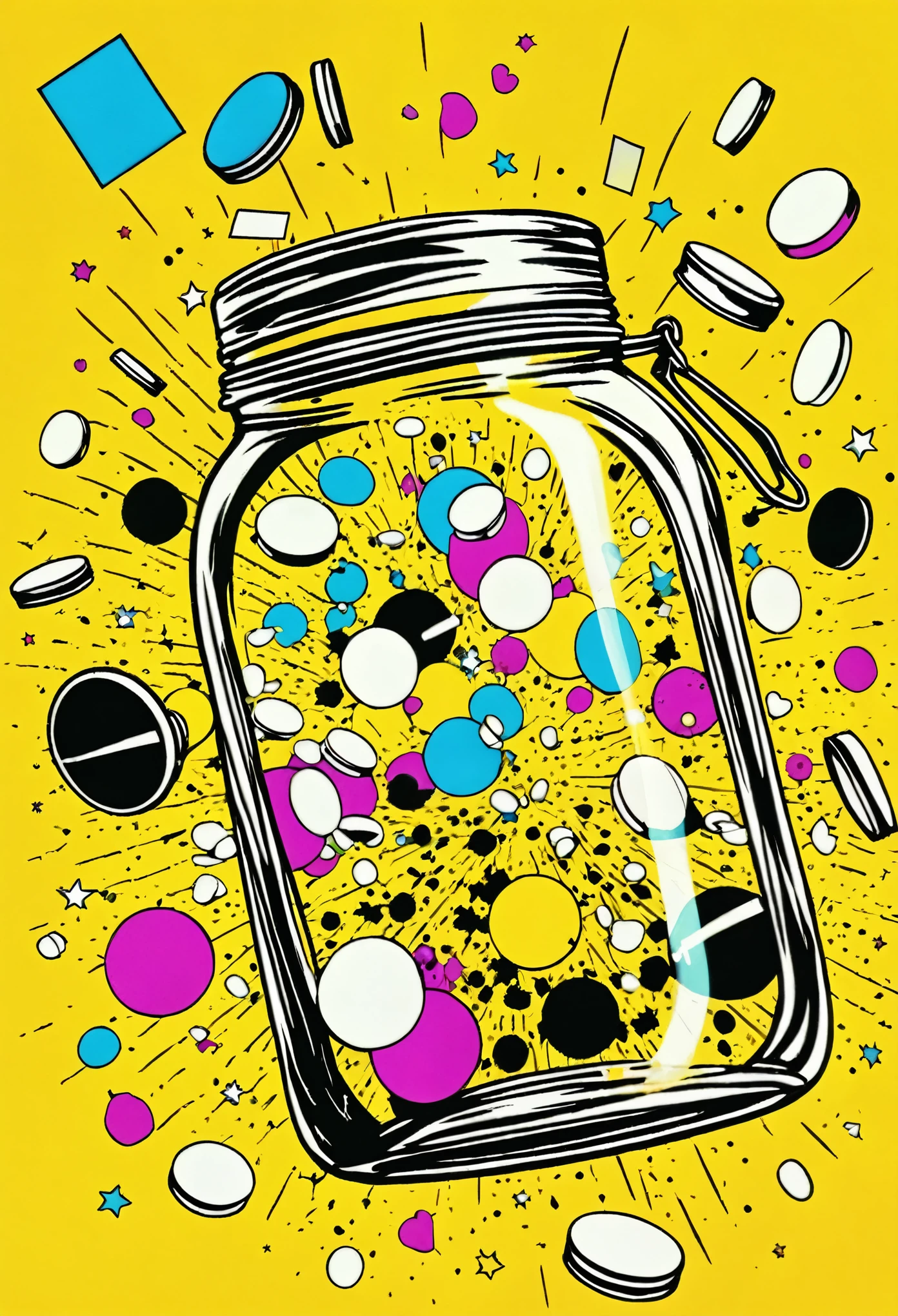 low quality、Pop Art、Transparent jar、Floating、diagonal、Drugs、round錠剤、round、Spill、Dancing in the air、Yellow background、The color is subtle.